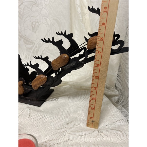 Vintage Christmas Santa Sleigh Reindeer Silhouette Metal Wood 4 Candle Holder - Picture 12 of 12